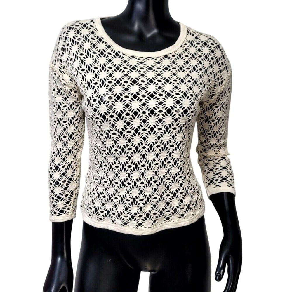 Bella Mia Internationale Cream Crochet Knit 3/4 Sleeve Geometric Boho‎ Top